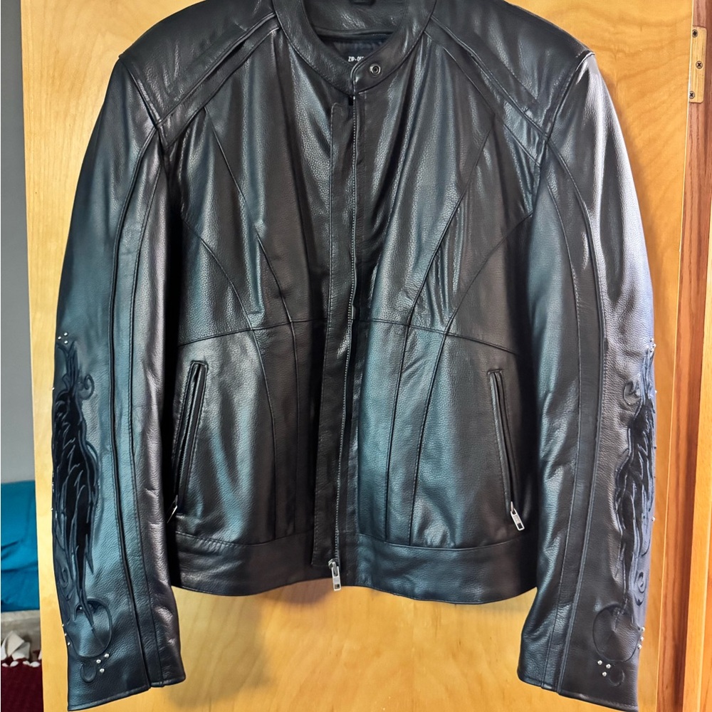 Women's Black Leather Jacket with Embroidered Sleeves